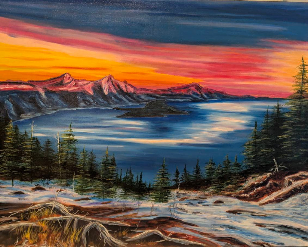 Twilight Rests over Crater Lake – Original Oil on Canvas, 16 x 20 inch