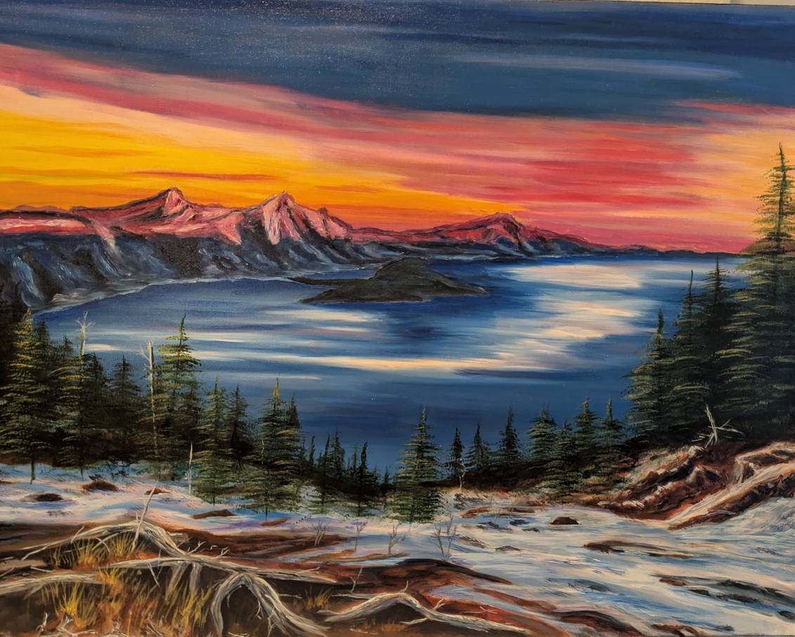Twilight Rests over Crater Lake – Original Oil on Canvas, 16 x 20 inch