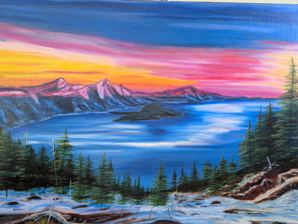 Twilight Rests over Crater Lake – Original Oil on Canvas, 16 x 20 inch